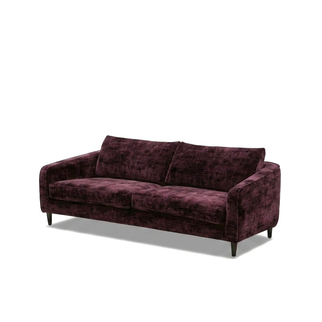 A modern two-seater sofa upholstered in deep plum velvet, shown from a three-quarter angle on a white background.
