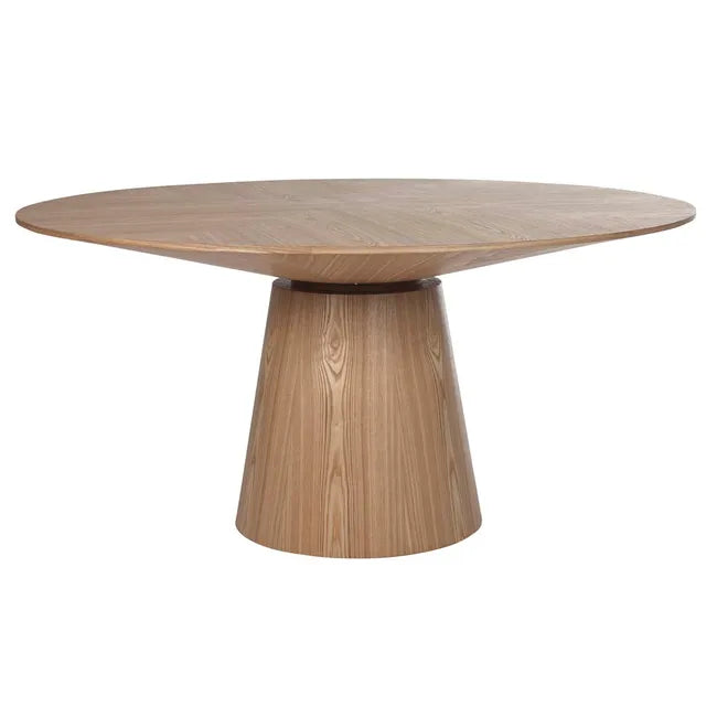 A round wooden dining table with a central pillar base natural colour